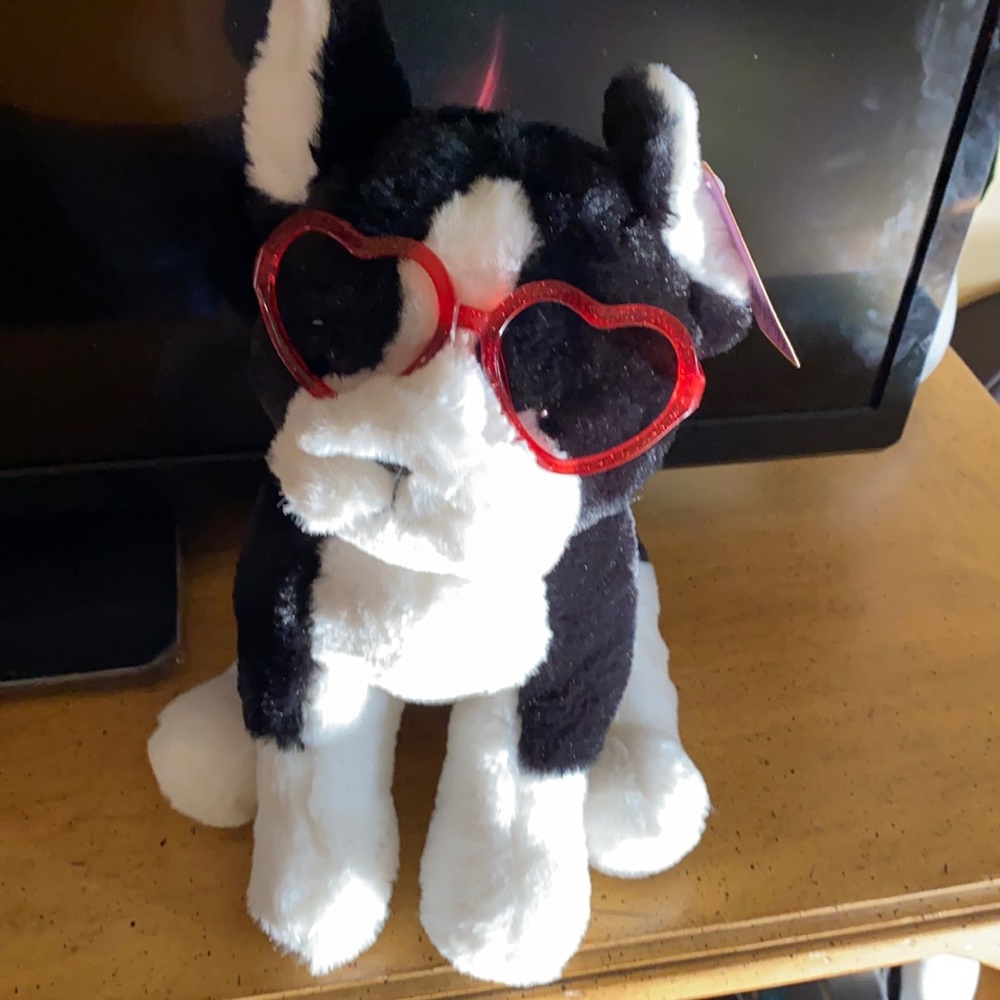 - FAO Schwarz 12" Boston Terrier Plush with Red Heart-Shaped Glasses